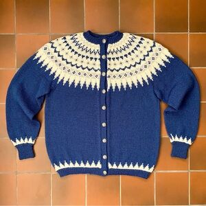 Authentic Norwegian Hand Knit Blue Wool Cardigan Sweater Medium Large